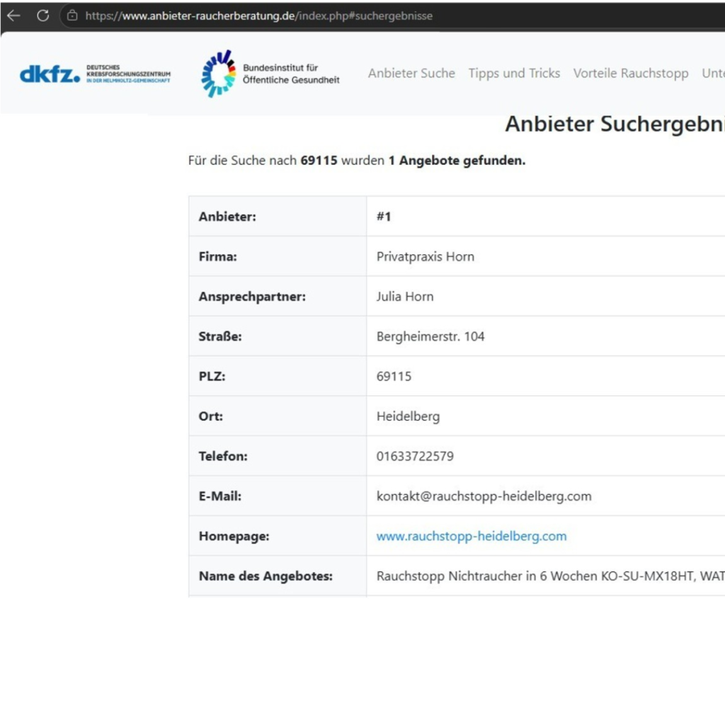Bild der Dankstelle Rauchstopp – Gruppenprogramm dkfz-BIÖG Rauchfrei-Anbieter: Privatpraxis Horn Heidelberg